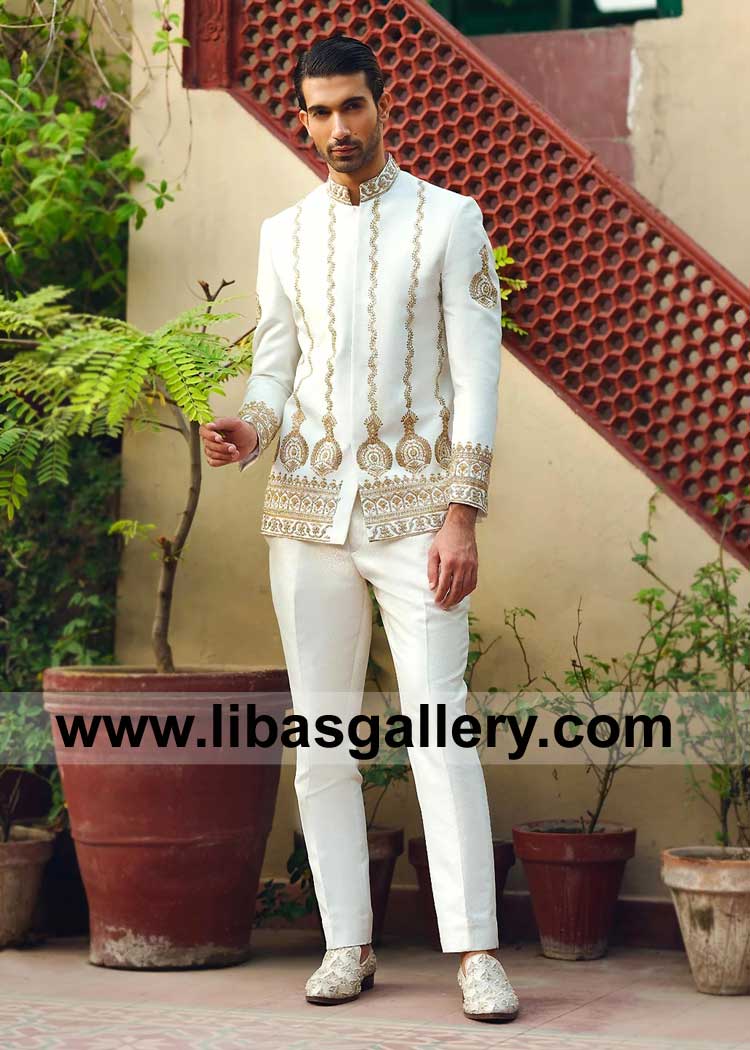 Off White Groom Prince Coat with Delicate Gold Motifs timeless Designer Article with matching hued Pants UK USA Canada Australia